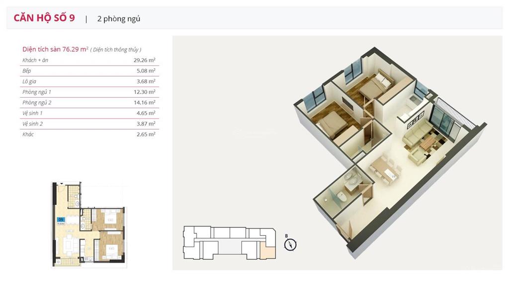 Bán căn hộ xuân mai riverside hà đông 76,4m² căn góc 2 phòng ngủ full nội thất, sổ đỏ chính chủ