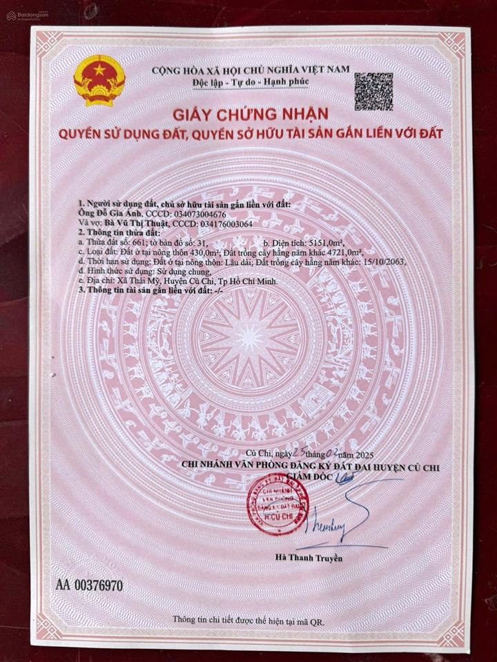 Bán 5.151 m2 có thổ cư tại xã thái mỹ, củ chi
