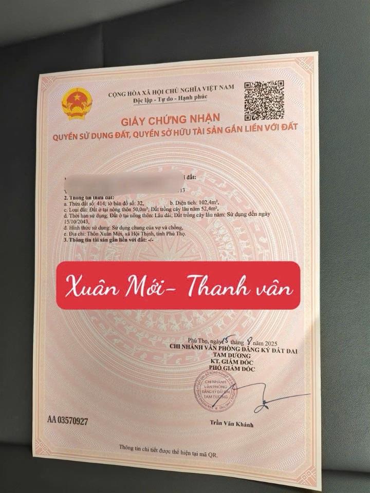 BÁN ĐẤT TRỤC CHÍNH THANH VÂN-TAM DƯƠNG-VĨNH PHÚC DT102,4m2 MT4,5m SẴN SỔ 1,2x TỶ