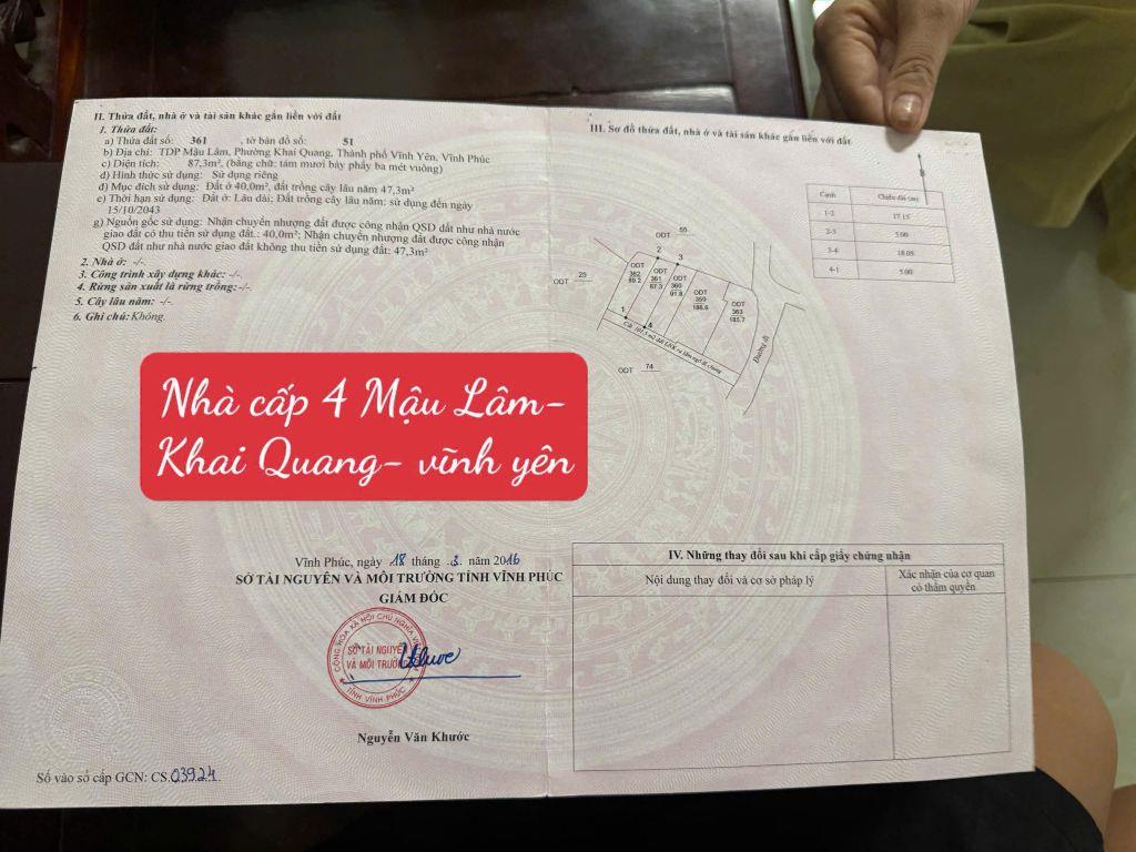 Mình cần bán nhanh nhà cấp 4 sẵn 2PN Mậu Lâm, Khai Quang DT 87,3m MT 5m đường ôtô sẵn sổ giá 1,65tỷ 0988296228
