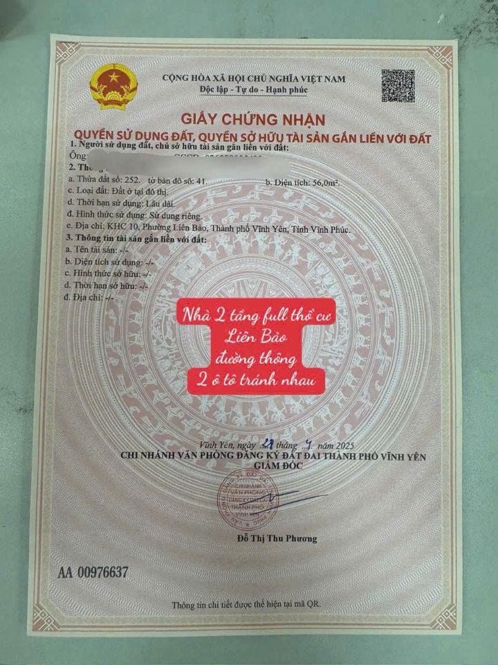  Bán nhà 2 tầng tại Liên Bảo, Vĩnh Yên DT 56m MT 4,1 m đối diện bv đa khoa 2,55 tỷ có TL 0988296228