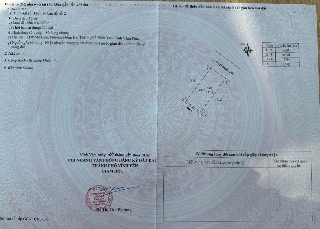 Bán lô đất đẹp phố Nguyễn Biểu, Vĩnh Yên DT 111m2 MT 6,94m cách bệnh viện đa khoa tỉnh 300m 3,75 tỷ 0988296228