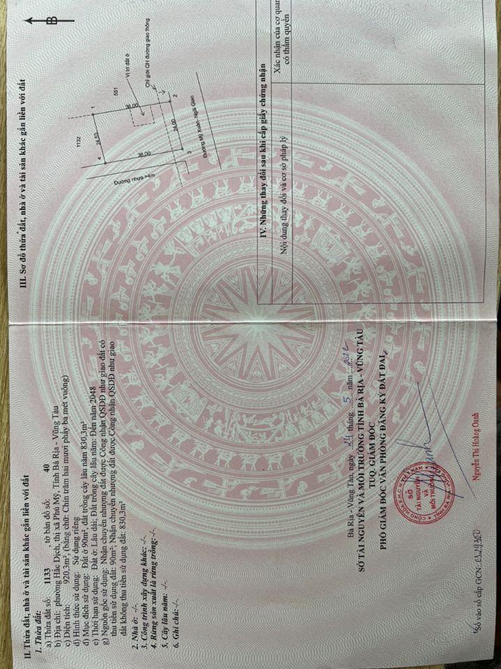 Bán Đất Lô Góc 920m2 Đường Mỹ Xuân - Ngãi Giao, Phường Hoắc Dịch, Thị Xã Phú Mỹ, BRVT