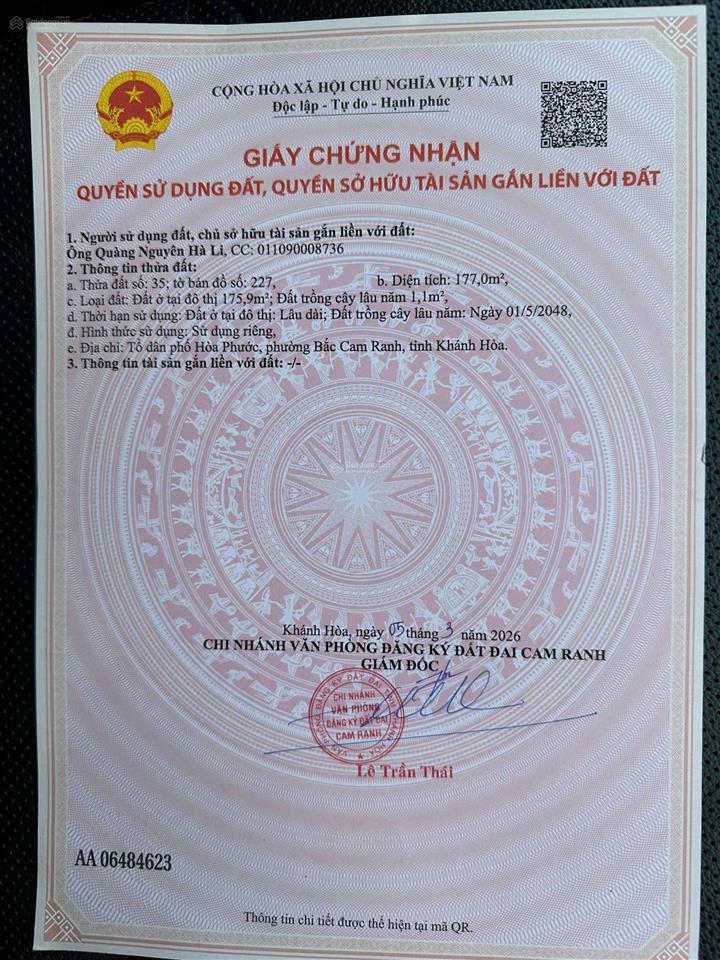 Bán đất tại đường lê thánh tông,bắc cam ranh,khánh hoà.giá 5,2 tỷ, có 175,9 m2, view đẹp, giá tốt.