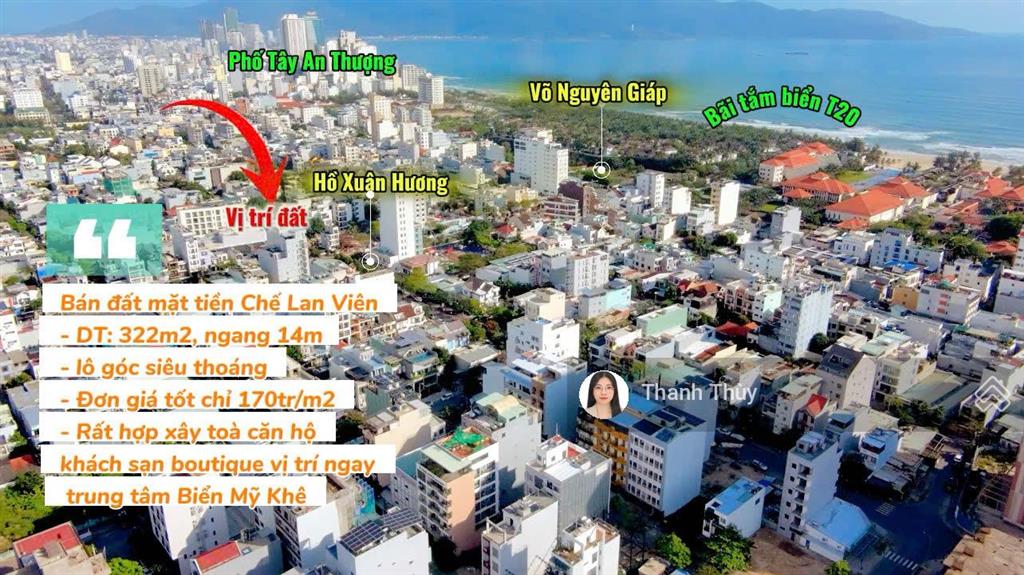 Bán 322m2 đất mặt tiền chế lan viên, gần bãi tắm biển mỹ khê, đơn giá chỉ 170tr/m2