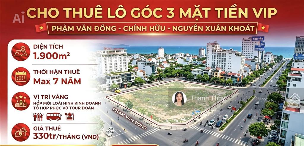 Cho thuế đất 3 mặt tiền phạm văn đồng, dt 1900m2, gần công viên biển đông