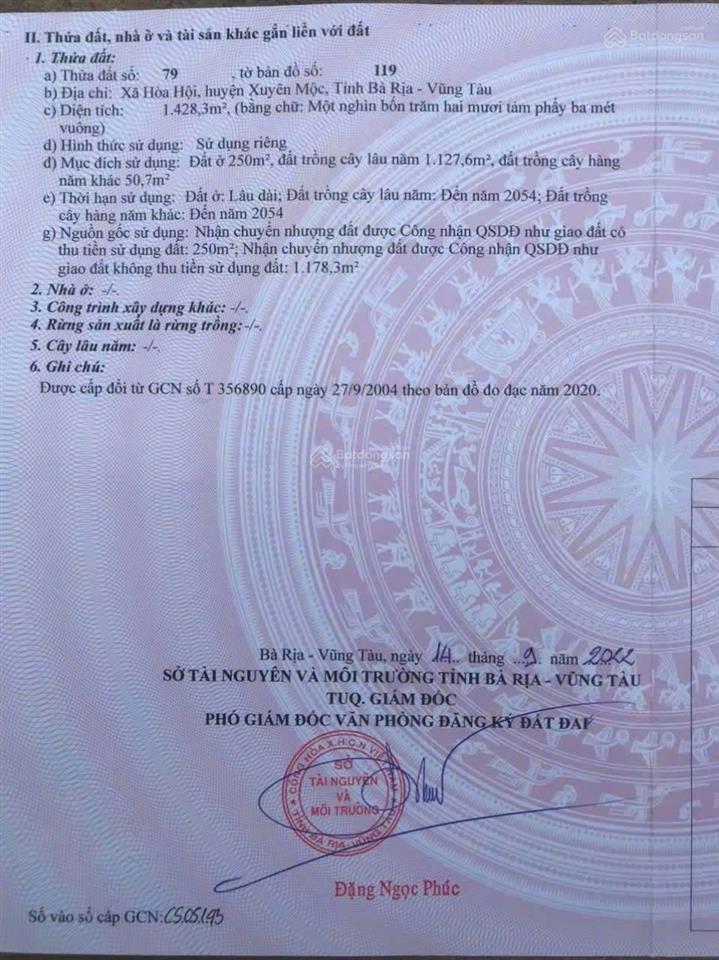 Bán đất mặt tiền tl329 hòa hội xuyên mộc 1428m2, 250m thổ cư, có nhà, đường đang mở rộng