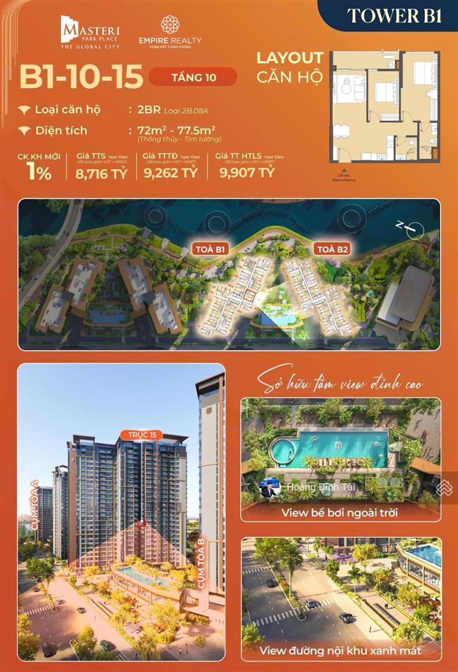 Chủ kẹt bán lỗ masteri park palace 2pn 79m2 giá 8.6tỷ all in