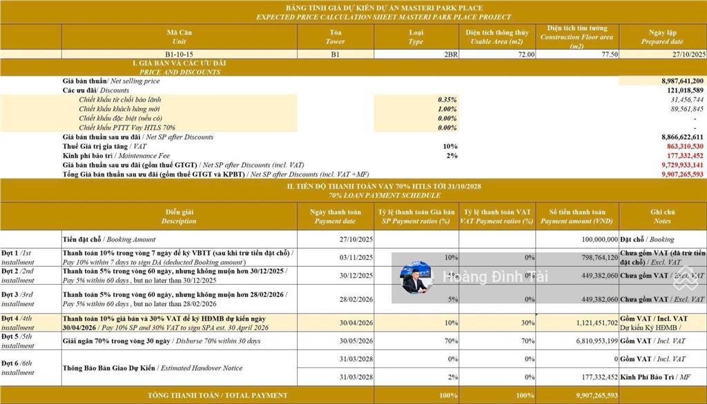 Chủ kẹt bán lỗ masteri park palace 2pn 79m2 giá 8.6tỷ all in