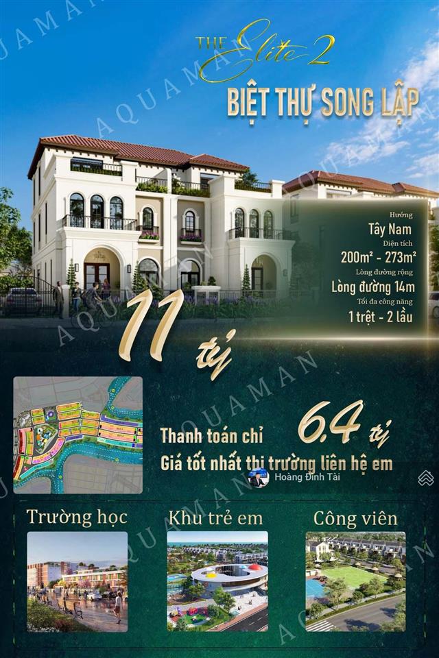 Bán biệt thự song lập 10x20 aqua city, khu the elite 2 giá chỉ 11 tỷ thanh toán ít