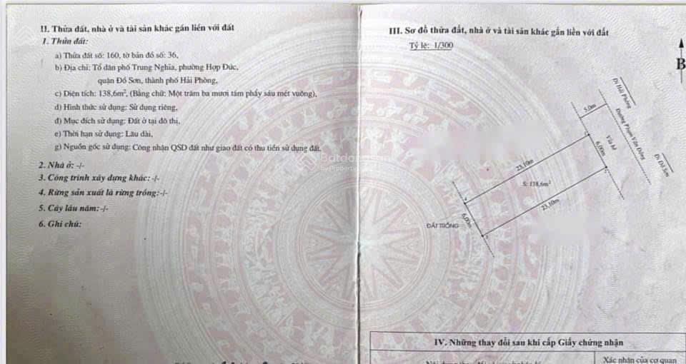 Đất 138m,mặt đường (353) phạm văn đồng, dương kinh, hải phòng