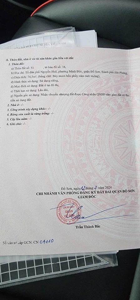🆘🆘Lô góc 74,5m2 mặt đường nhựa 6 mét tại TDP Nguyễn Huệ, Nam Đồ Sơn, Hải Phòng.