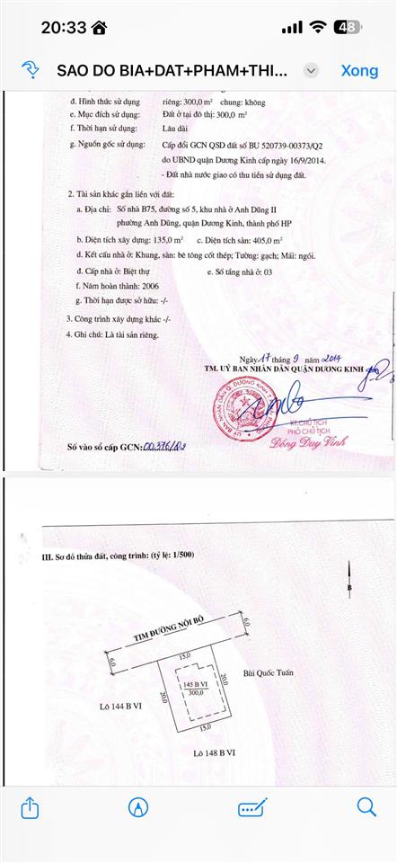 Cần tiền bán nhanh biệt thự 300m2 sao đỏ, anh dũng, dương kinh, hải phòng