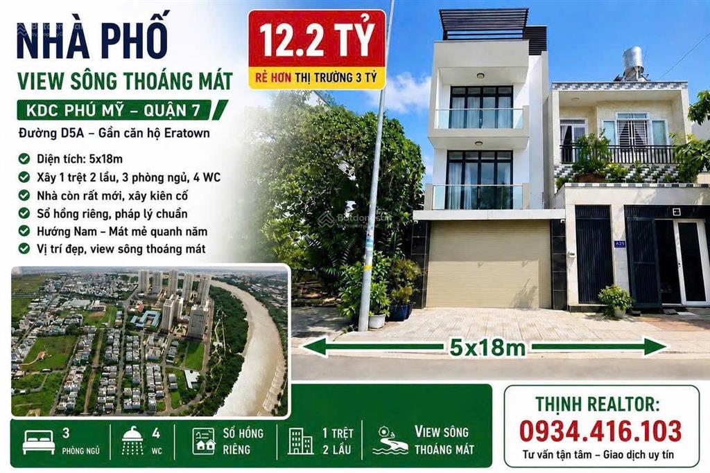 Giảm 1 tỷ chính chủ bán gấp nhà phố 5 x 18m, trệt 2 lầu, tđc phú mỹ view sông, sổ hồng riêng