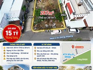 Lô đất góc 2 mặt thoáng sát ktx khu b đhqg