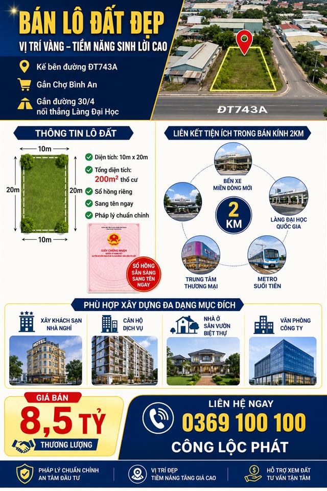 Bán lô đất đẹp 200m vị trí vàng kế bên đt743a tiềm năng kinh doanh cao