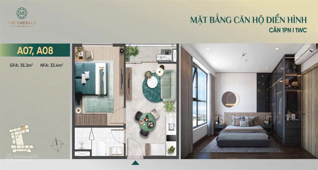 Chỉ 998 triệu sở hữu ngay căn hộ 1pn emerald 68 mặt tiền ql13, cách cầu bình triệu 7,6km