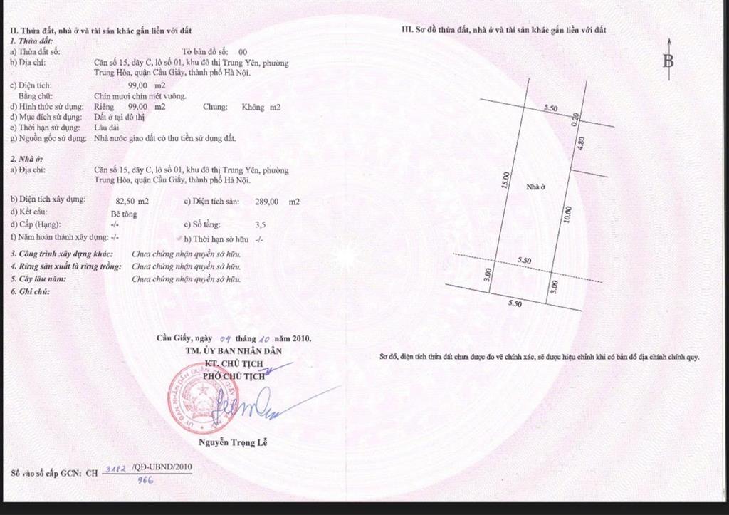 Tin xác thực  nhà mặt phố trung kính. dt 99m2, mt 5.5m. giá 600tr/m2