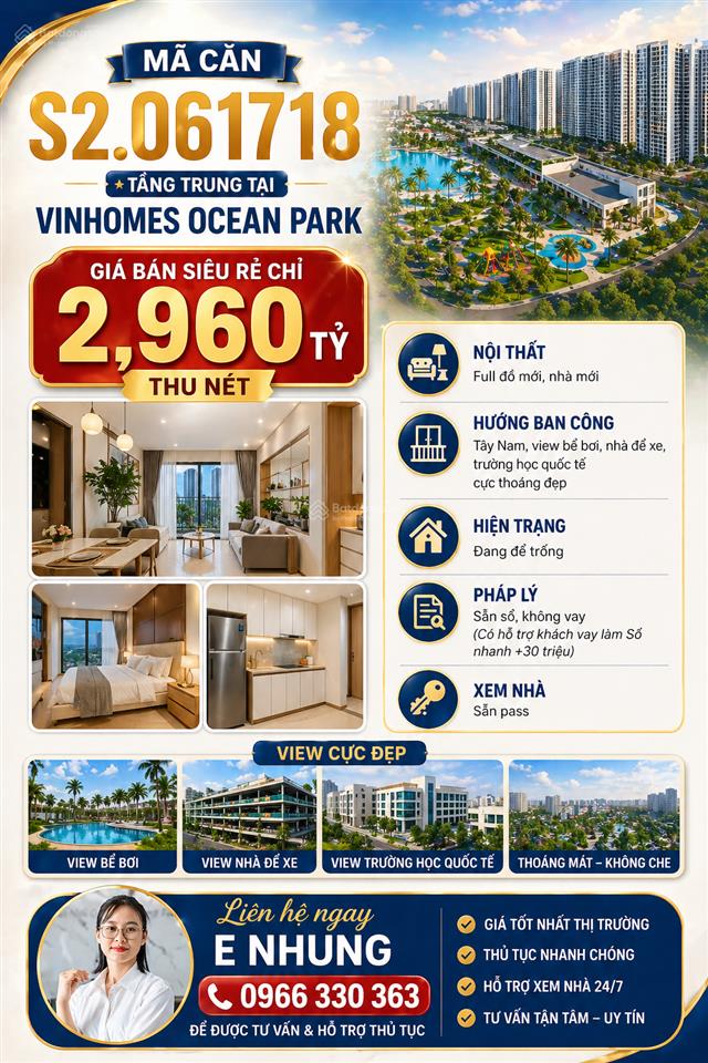 Sở hữu ngay căn hộ 1pn+1 tầng trung full đồ mới chỉ 2,96 tỷ vinhomes ocean park để ởcho thuê luôn