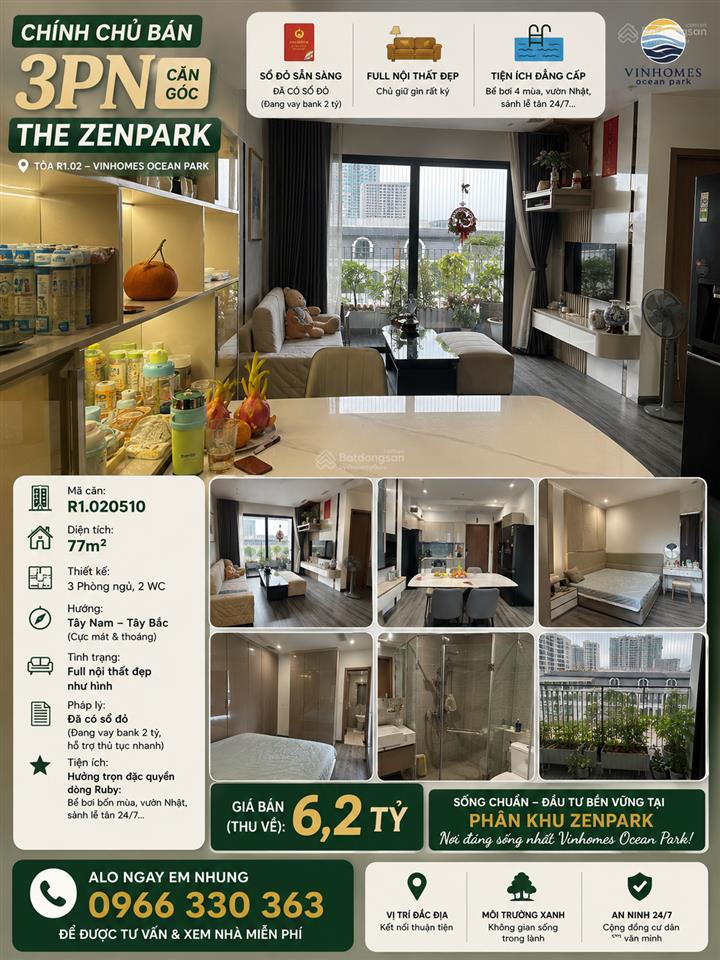 Chỉ 5,9 tỷ sở hữu căn góc 3pn2wc the zenpark phân khu cao cấp r1.01 tầng đẹp view thoáng tại vhop1