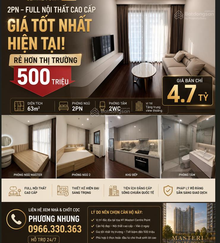 Rẻ hơn thị trưởng nửa tỷ cho căn 2pn 2wc 63m2 tầng đẹp full đồ tại masteri waterfront giá chỉ 4,7tỷ