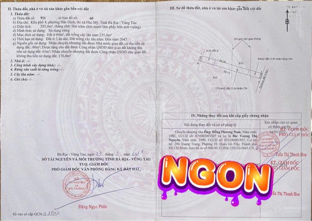 Bán đất tại hắc dịch  tóc tiên, 1,03 tỷ, 295m2, sổ đỏ đầy đủ