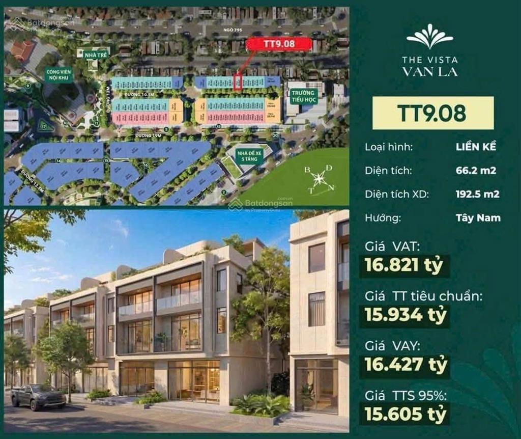Bán liền kề vista văn la dt 66.2m2x4t, ngang 5m, vỉa hè, ô tô tránh, kinh doanh nhỉnh 15 tỷ