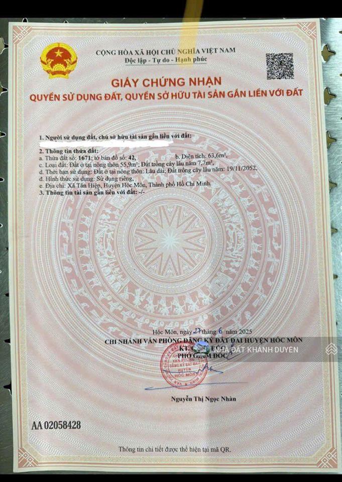 Đất thổ cư đường tân hiệp 3940,nay thuộc xã hóc môn mới tphcm
