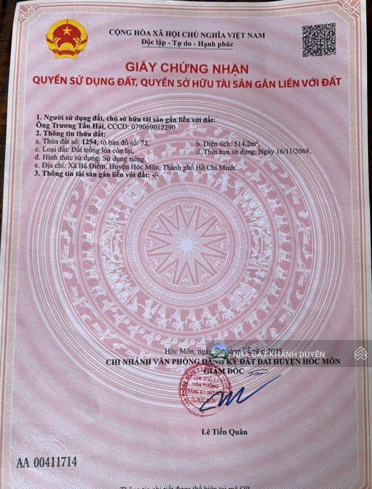 Đất 12 x 42m mặt tiền đường xuân thới thượng 4, xã bà điểm tphcm