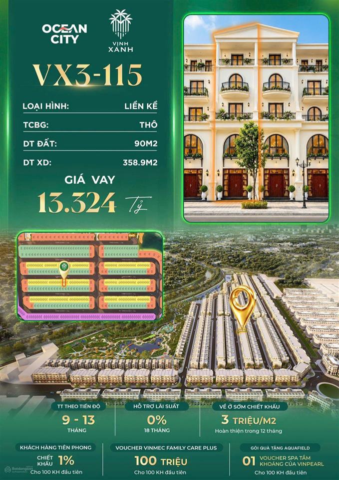Bán liền kề 90m² phân khu vịnh xanh vinhomes ocean park 3 giá 11ty7, miễn phí dịch vụ.