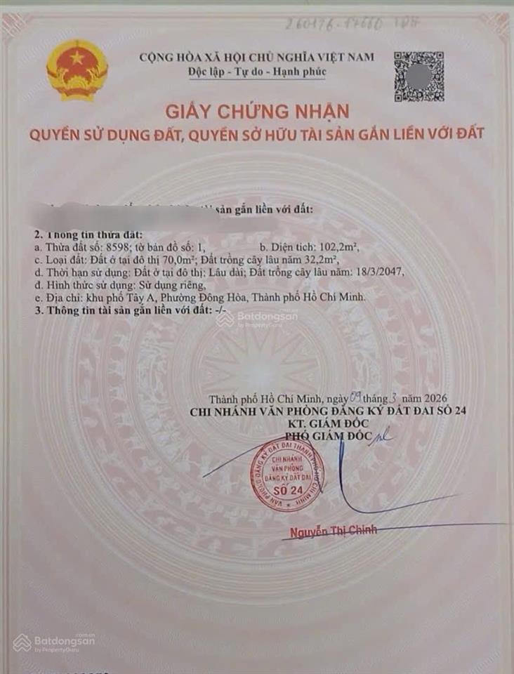 Chính chỉ bán lô đất 102m2 phường đông hoà gần bigc go hẻm nhựa xe hơi