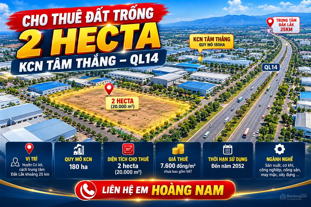 Cho thuê đất trống 2hecta tại kcn tâm thắng ql14