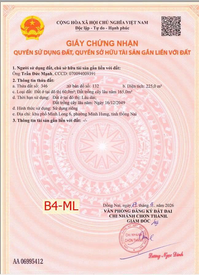 Bán đất ngay chợ minh long cách đt 749 vào 100m, dt 225m2 có 60m2 tc, giá 599 triệu