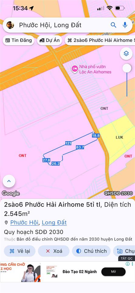 Chủ gửi bán gấp lô đất 2649m2 sẵn 80tc  xã phước hải  tp hcm gần khu lộc an airhome