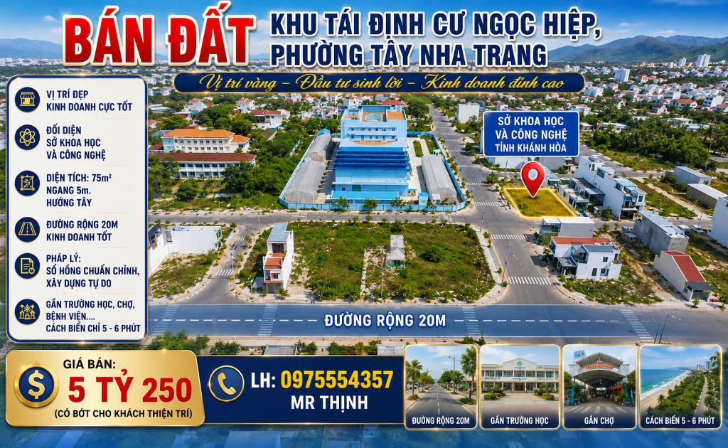 Bán 75m2 đất tái định cư Ngọc Hiệp TP Nha Trang. Khu dân sinh, đường rộng 20m