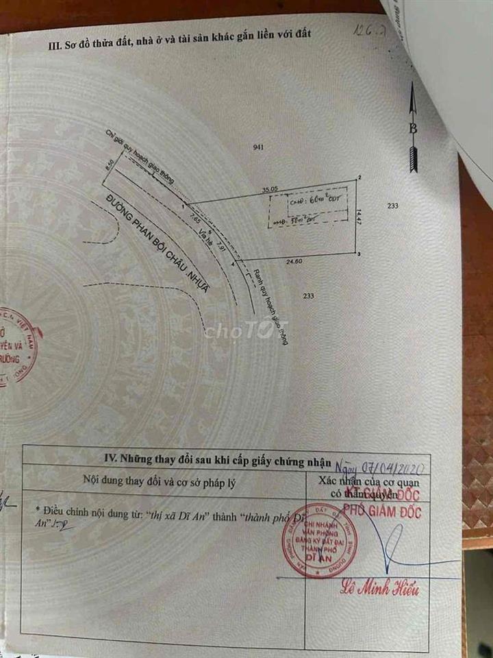 Bán Đất MT Phan Bội Châu 394m, Đối Diện Chung Cư Bicon, P. Dĩ An