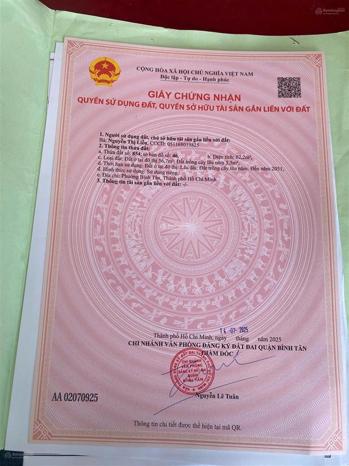 Bán gấp đất hxh đường bình thành, bình tân, 62m2 giá 3,550 tỷ.  0768 713 ***