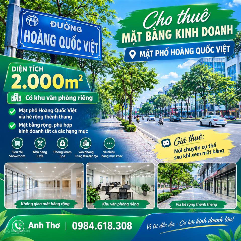 Cho thuê mặt phố hoàng quốc việt 2.600m vỉa hè rộng, phù hợp showroom, siêu thị, thương hiệu lớn