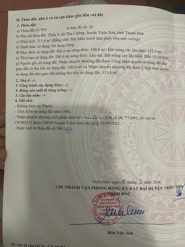 Bán đất 216m² tại xã thọ ngọc (thọ cường cũ), triệu sơn. sổ hồng, giá chỉ 690 triệu