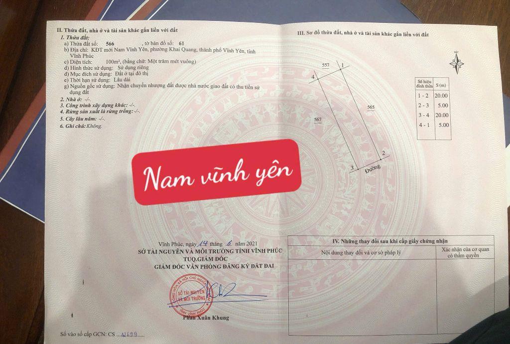 Bán đất khu đô thị Nam Vĩnh Yên, Khai Quang, Vĩnh Yên, Vĩnh Phúc. DT 100m2 hướng Đông Nam