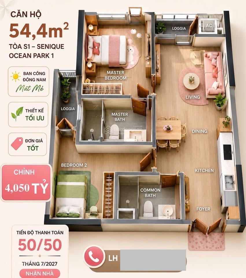 Bán căn hộ 2pn 1wc the senique ocean park dt 55m2, giá tốt cho gia đình trẻ