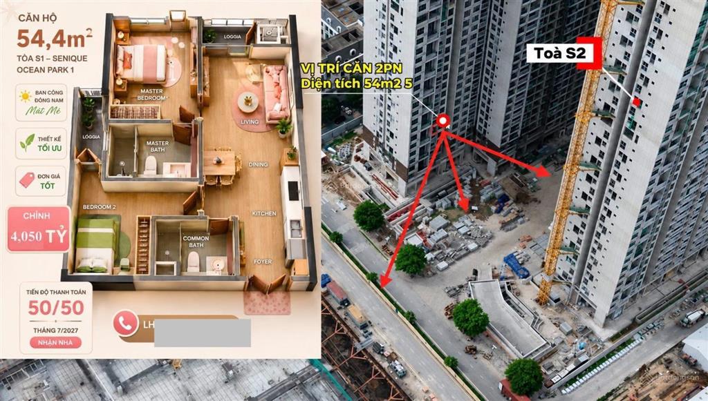 Bán căn hộ 2pn 1wc the senique ocean park dt 55m2, giá tốt cho gia đình trẻ