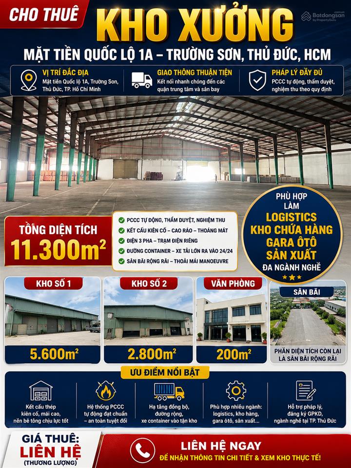 Cho thuê kho siêu vip 2.800m² mặt tiền đường quốc lộ 1a, p. tam bình, q. thủ đức