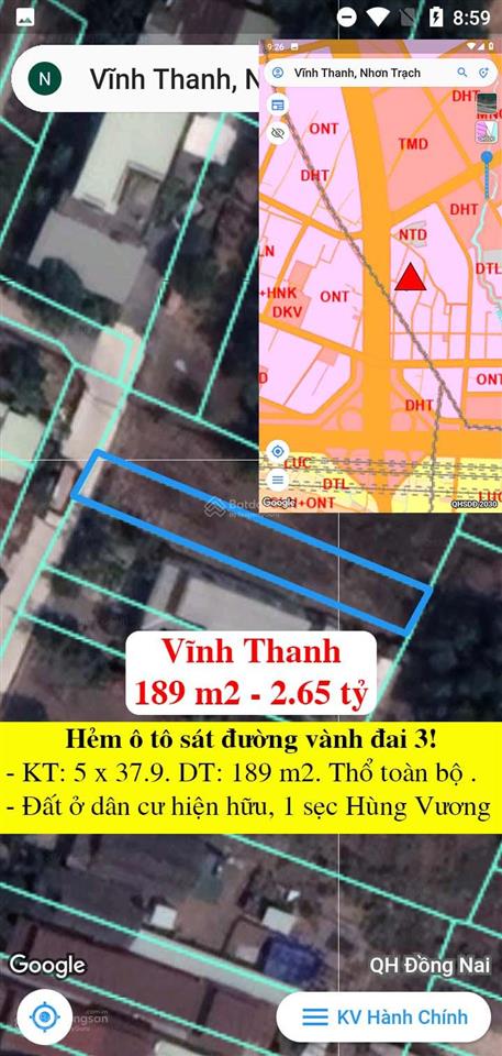 Bán 189m2 thổ cư toàn bộ hẻm ô tô từ đường vành đai 3 xã vĩnh thanh giá tốt để đầu tư!