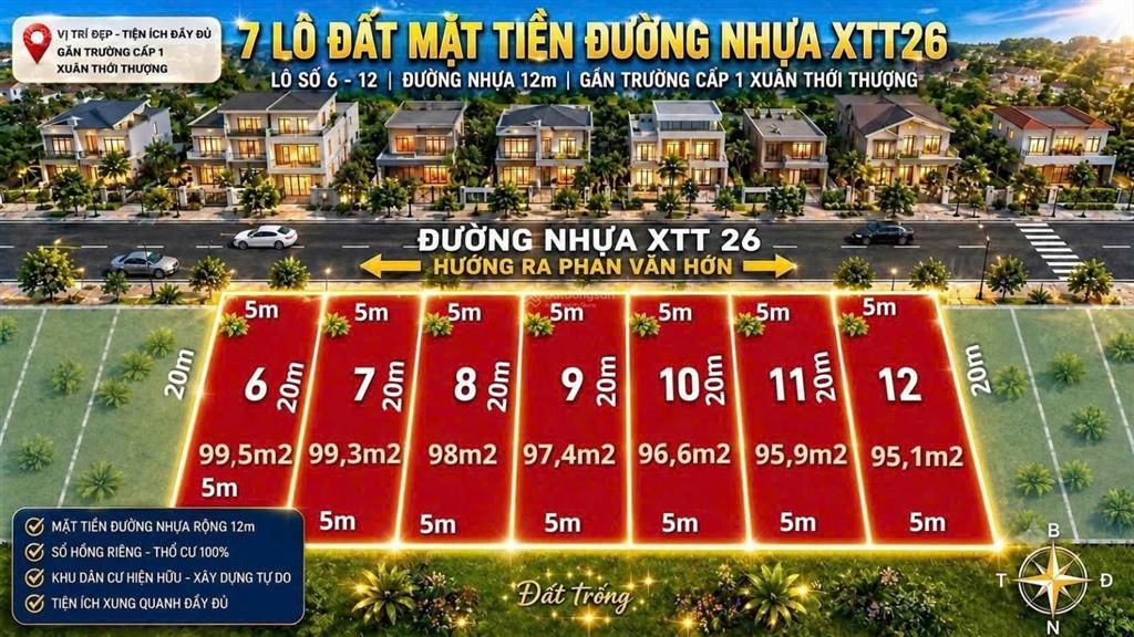 Bán đất nền ngang 5m x 20m xuân thới thượng 26 giá bán 4,2 tỷ/nền