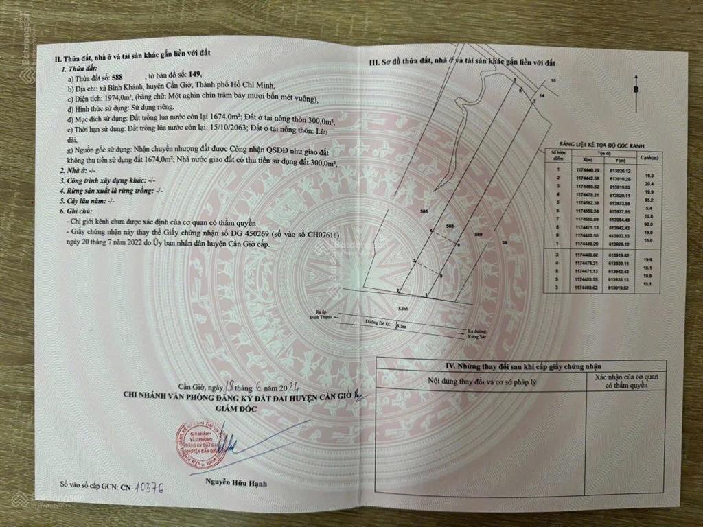 Bán lô đất mt đường đê ec. xã bình khánh, cần giờ, tp hcm