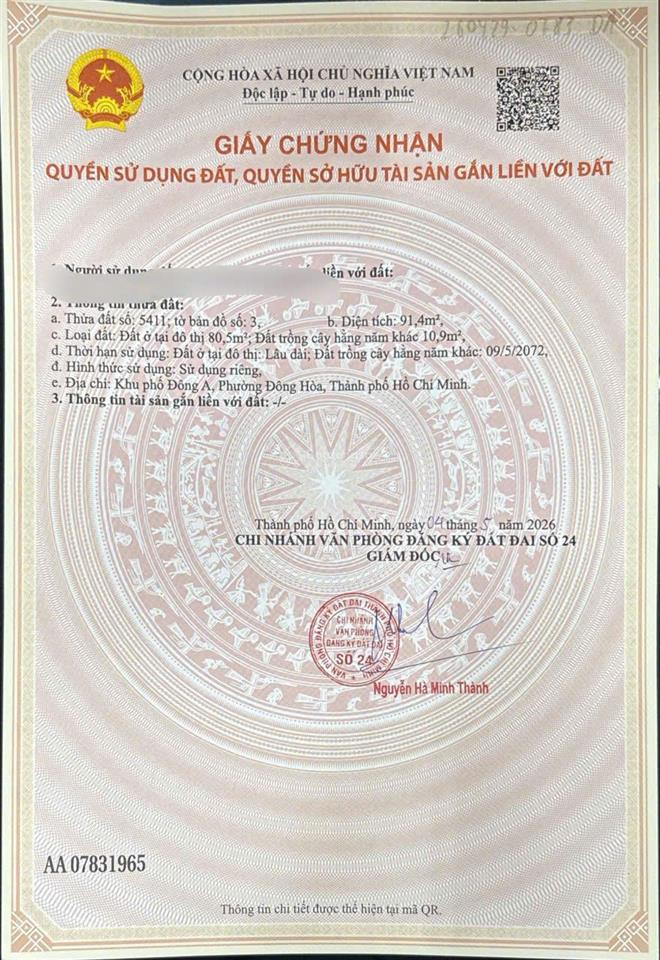 Chính chủ cần gửi bán gấp lô đất có sổ riêng thuộc đông hòa, dĩ an, bình dương