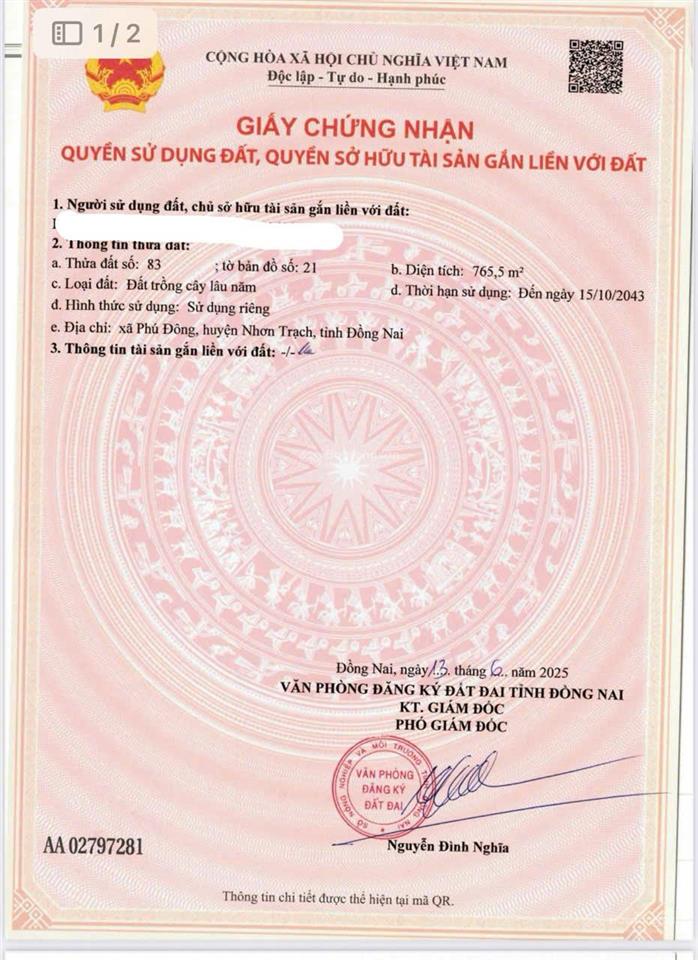 Bán đất 765m2 tại võ thị sáu, phú đông, nhơn trạch, đồng nai, giá thỏa thuận