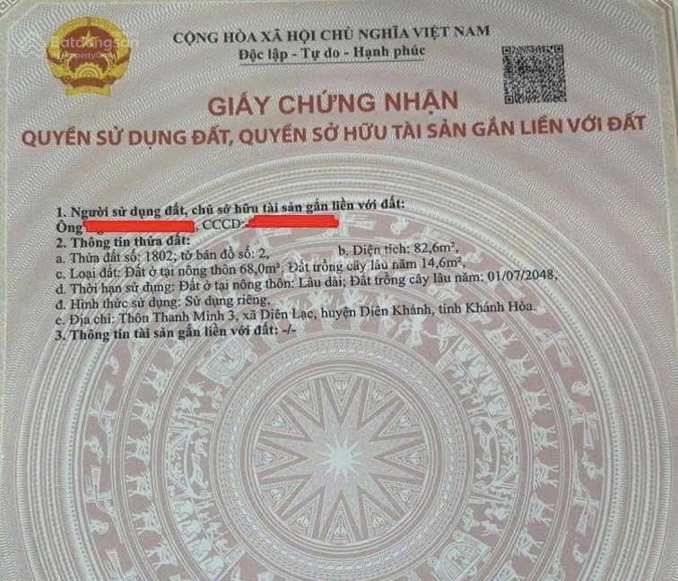 Bán đất diên lạc vị trí ngay trung tâm xã và khu đô thị hành chính mới diên khánh