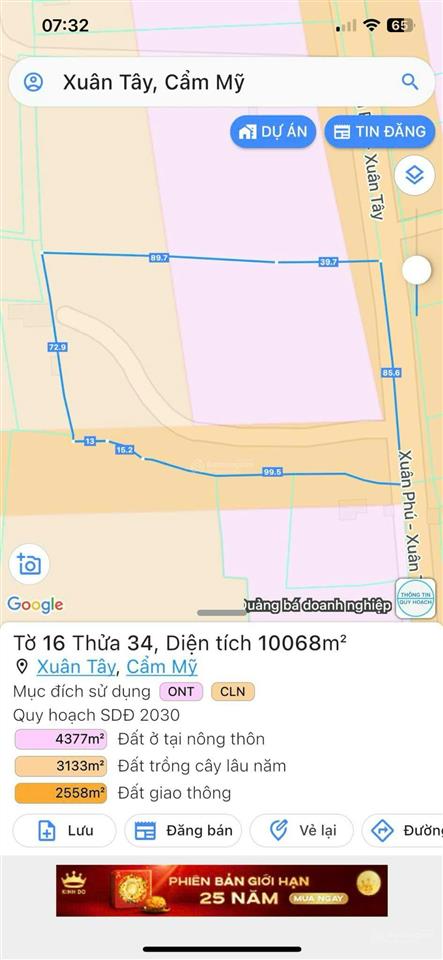 Bán đất sổ riêng hơn 1ha có thổ cư mặt tiền đường xuân phú  xuân tây, cẩm mỹ, đồng nai